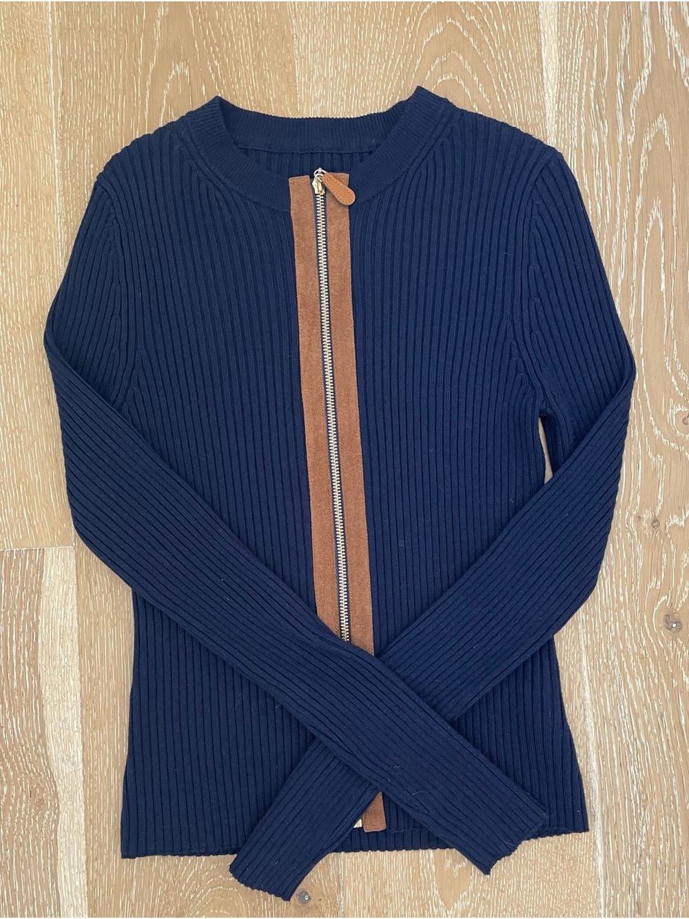 Commense Navy Ribbed Zip-Front Cardigan with Brown Trim